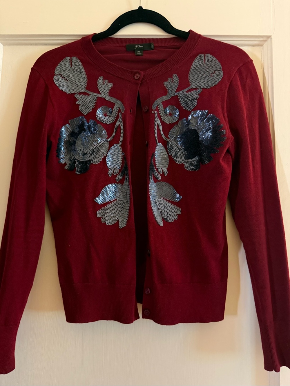 J. Crew Burgundy Crewneck Cardigan with Silver Sequin Floral Appliqué